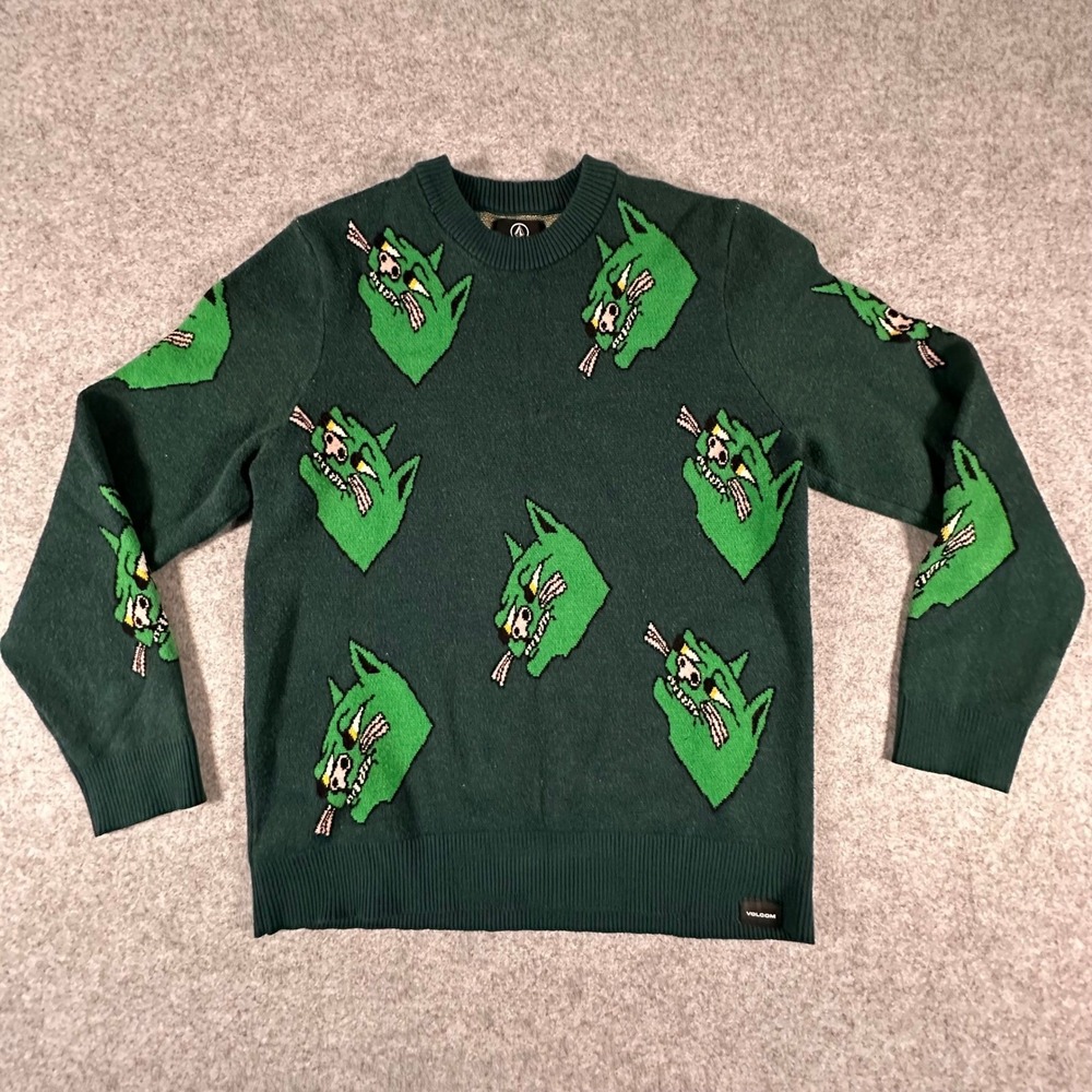 Volcom Knit Sweater XS Green Mens Graphic Wolf Print Christmas Winter Festive